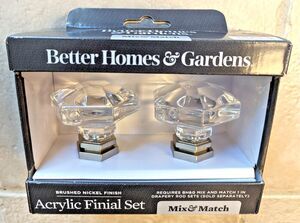 Better Homes and Gardens Drapery Curtain Rod Acrylic Finial 2-pc Brushed Nickel